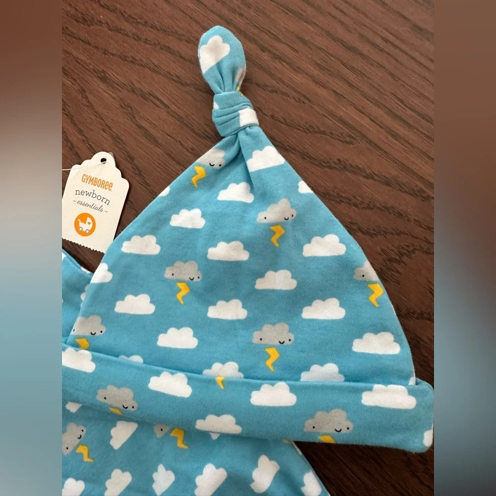 NWT GYMBOREE 6-9M Unisex Blue Cloud & Thunder Pajamas Layette Sleep Sack & Hat